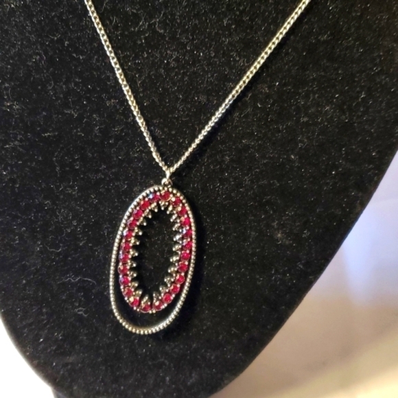 MONEY MOOD - Red HEMATITE RHINESTONES PENDANT SILVER CHAIN LONG NECKLACE - Picture 6 of 7